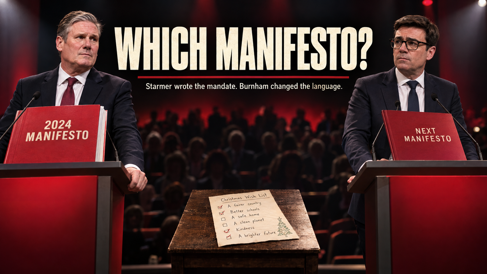 Keir Starmer and Andy Burnham represented beside two competing Labour manifestos and a Christmas wish list