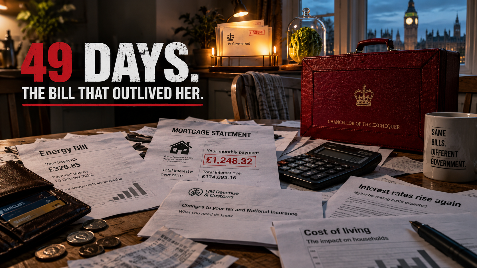 Household bills, mortgage papers and calculator beside a Chancellor's red box, with a lettuce under a glass dome in the background