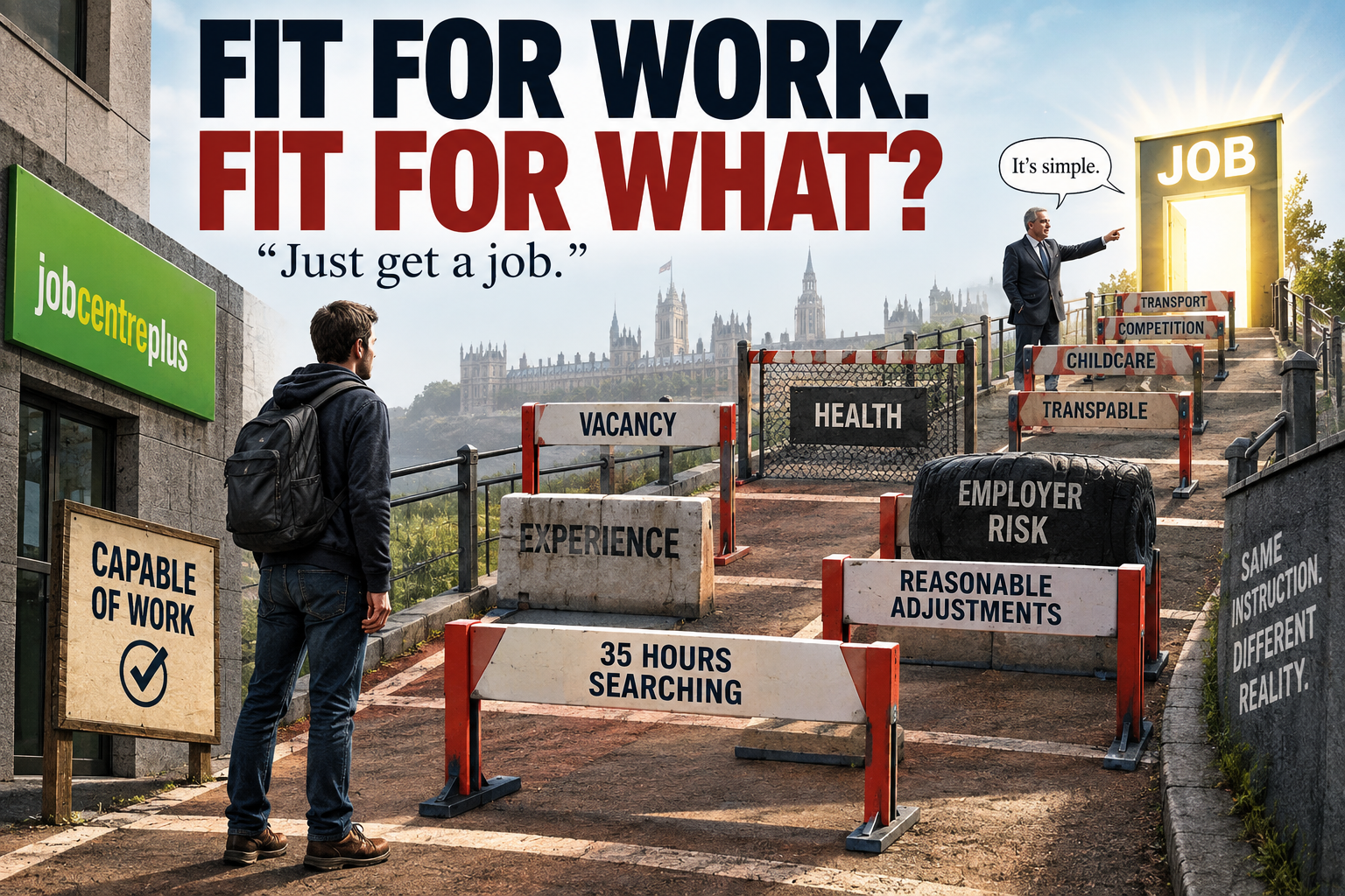 Jobseeker facing an obstacle course between Jobcentre Plus and a job, with barriers representing vacancies, experience, health, employer risk, adjustments, childcare and competition.