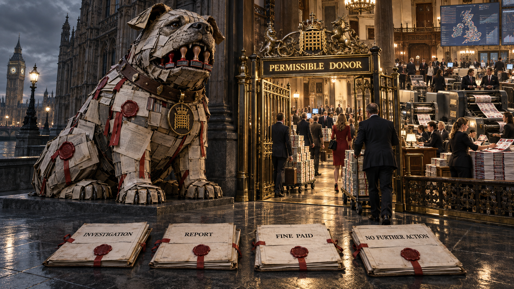 A ceremonial watchdog made from official paperwork stands beside a permissible-donor gate while money enters a political machine beyond files marked investigation, report, fine paid and no further action.