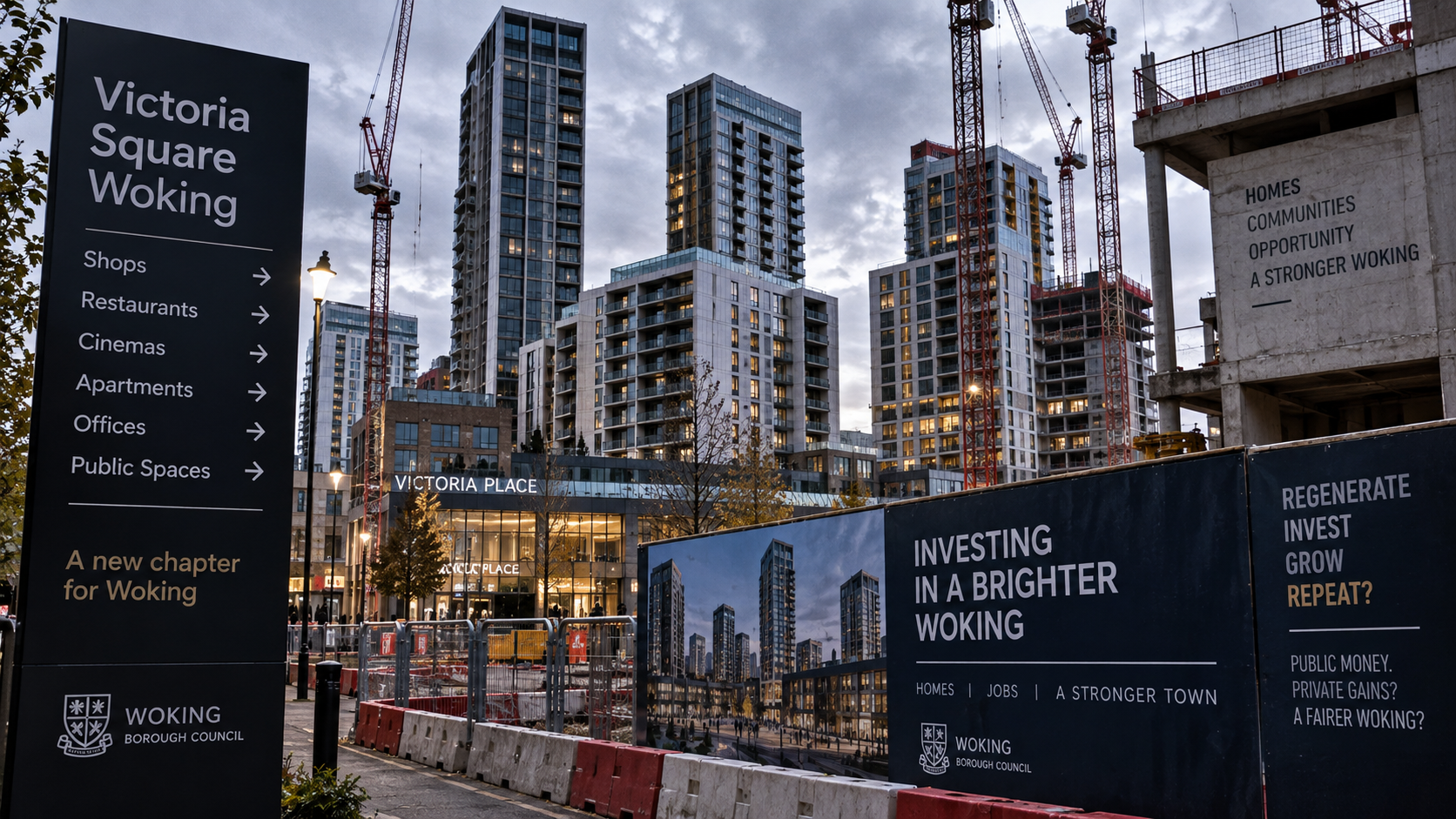 Woking Victoria Square regeneration development representing the council's borrowing, investment and debt crisis.