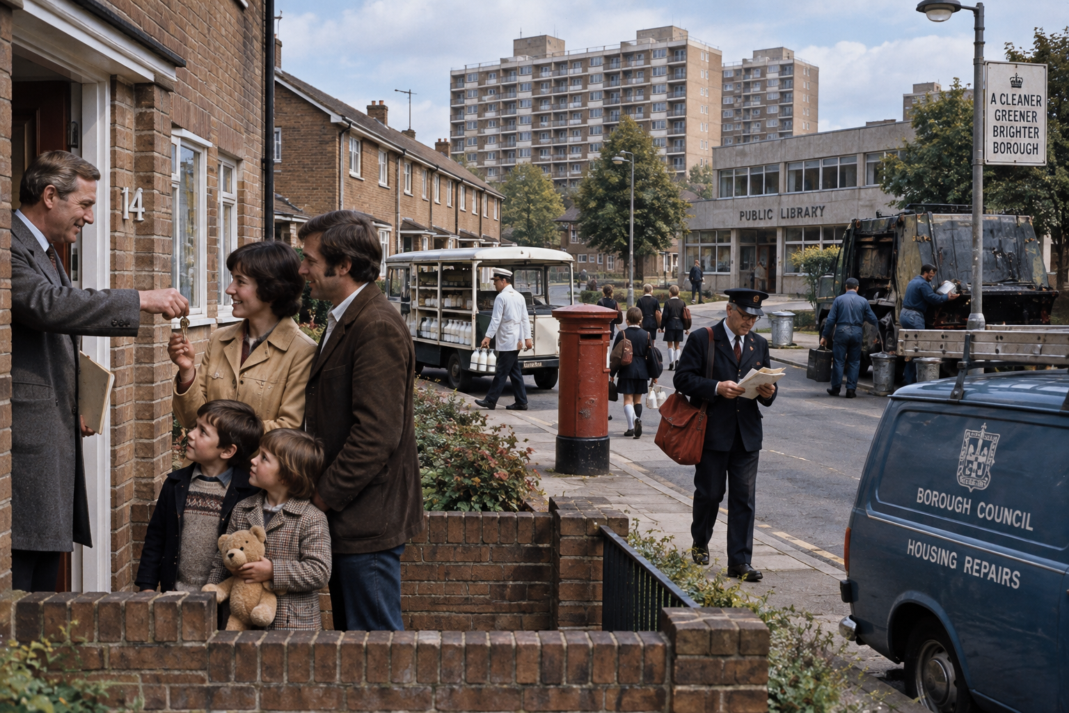 British council estate showing council housing, municipal services, a public library and everyday neighbourhood life.
