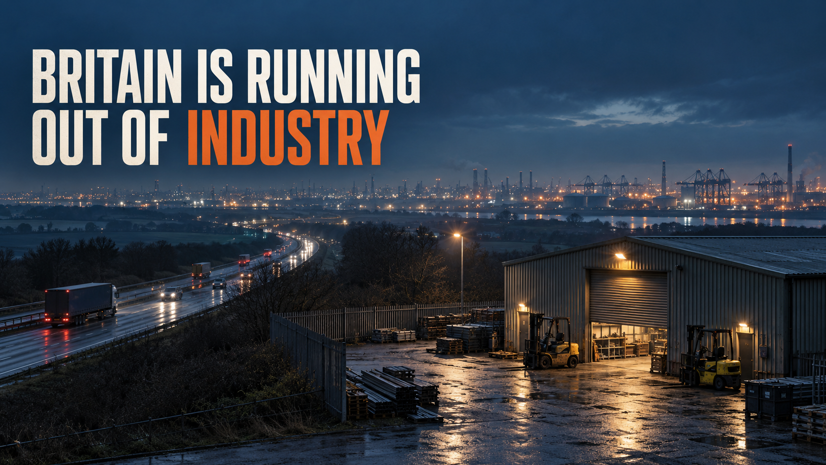 A small British engineering yard beside a motorway, dwarfed by an enormous industrial landscape in the distance.