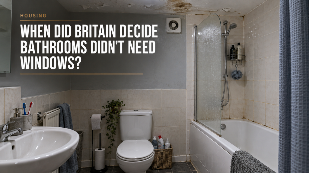 A tired windowless British bathroom with peeling ceiling paint and a small extractor fan