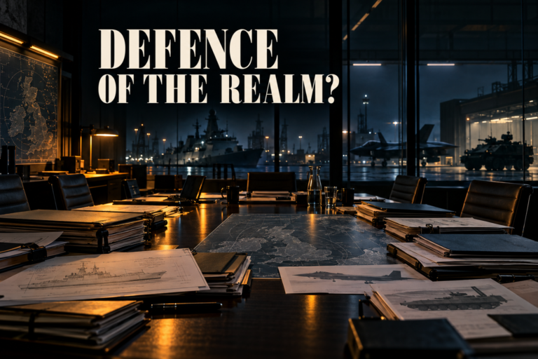 A dark Ministry of Defence planning room with procurement files, military plans, a warship, aircraft and armoured vehicle.