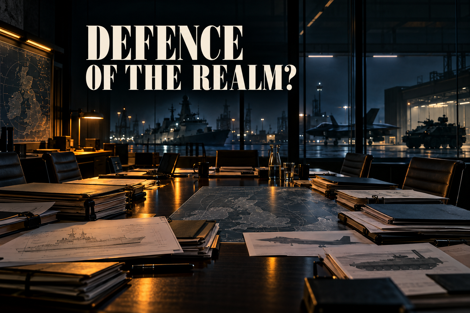 A dark Ministry of Defence planning room with procurement files, military plans, a warship, aircraft and armoured vehicle.