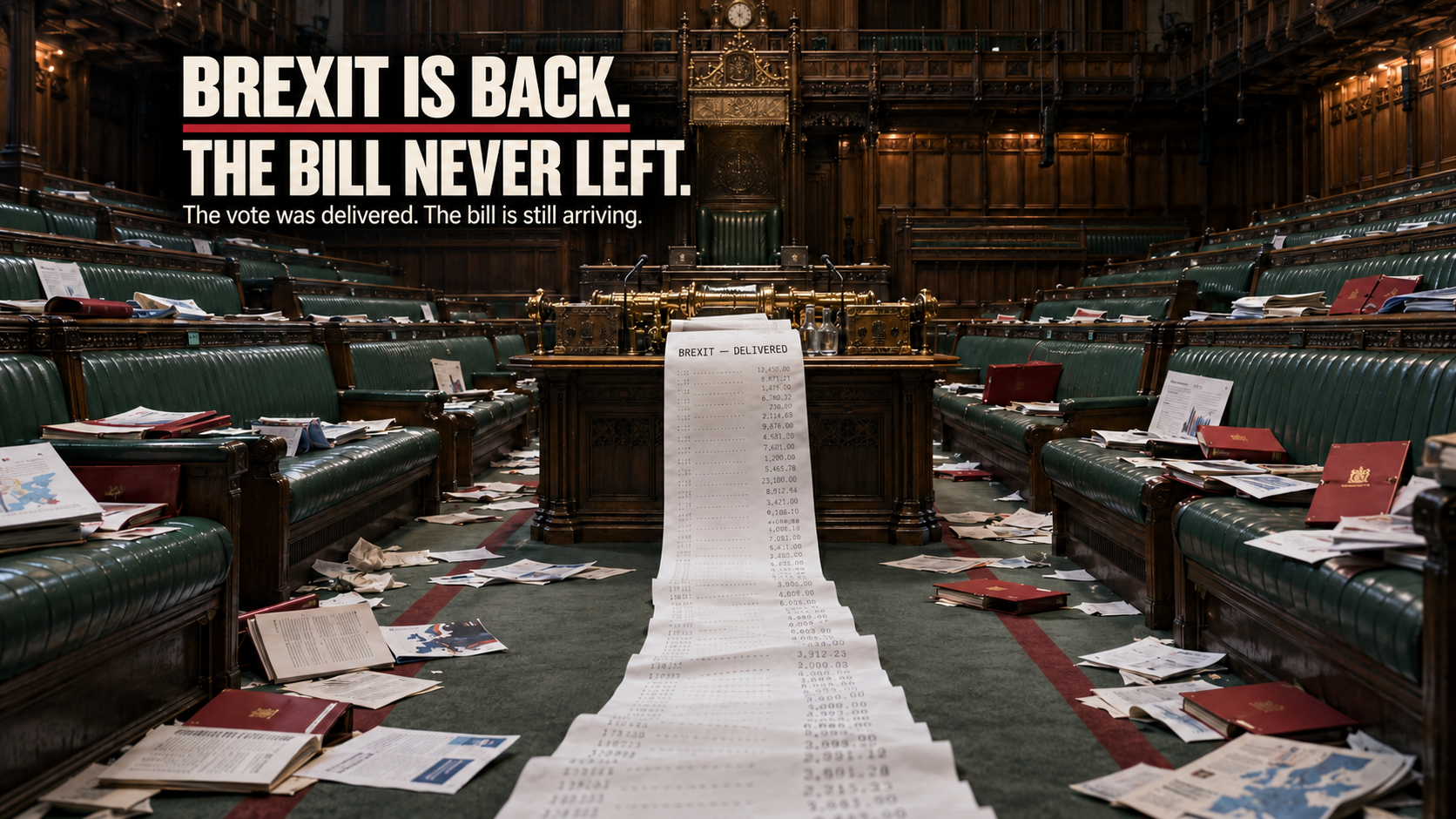 The empty House of Commons beside an endless receipt representing the continuing political and economic cost of Brexit