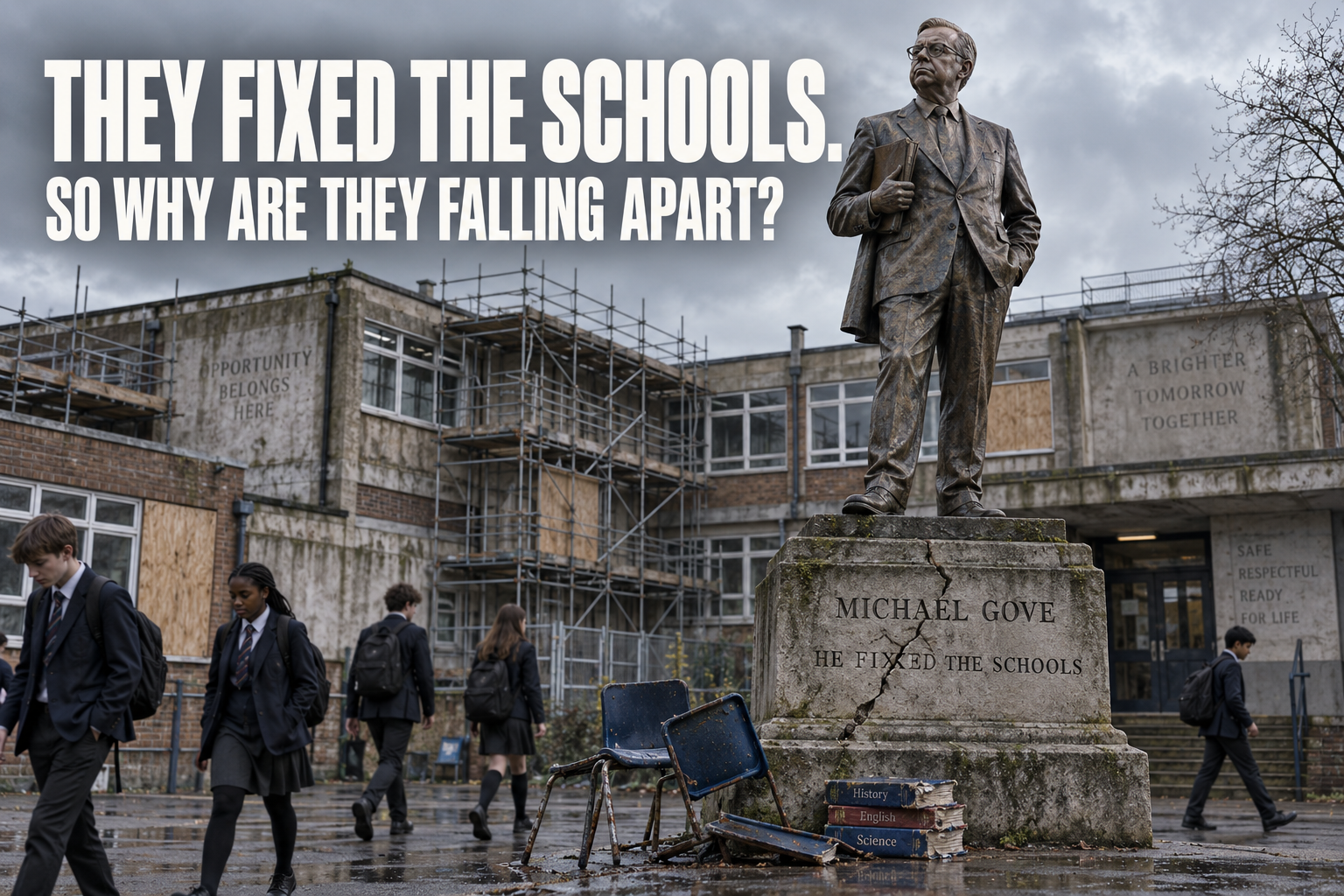 A satirical bronze statue of Michael Gove outside a deteriorating English school, with a cracked pedestal claiming that he fixed the schools.