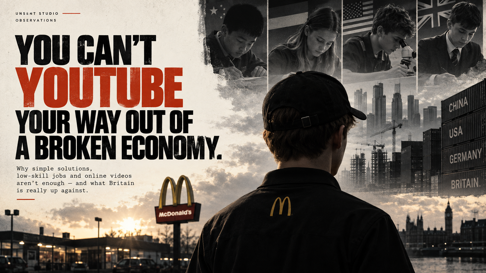 Young British fast-food worker facing a global industrial economy representing Britain's challenge of turning low-paid work into skills, productivity and progression.