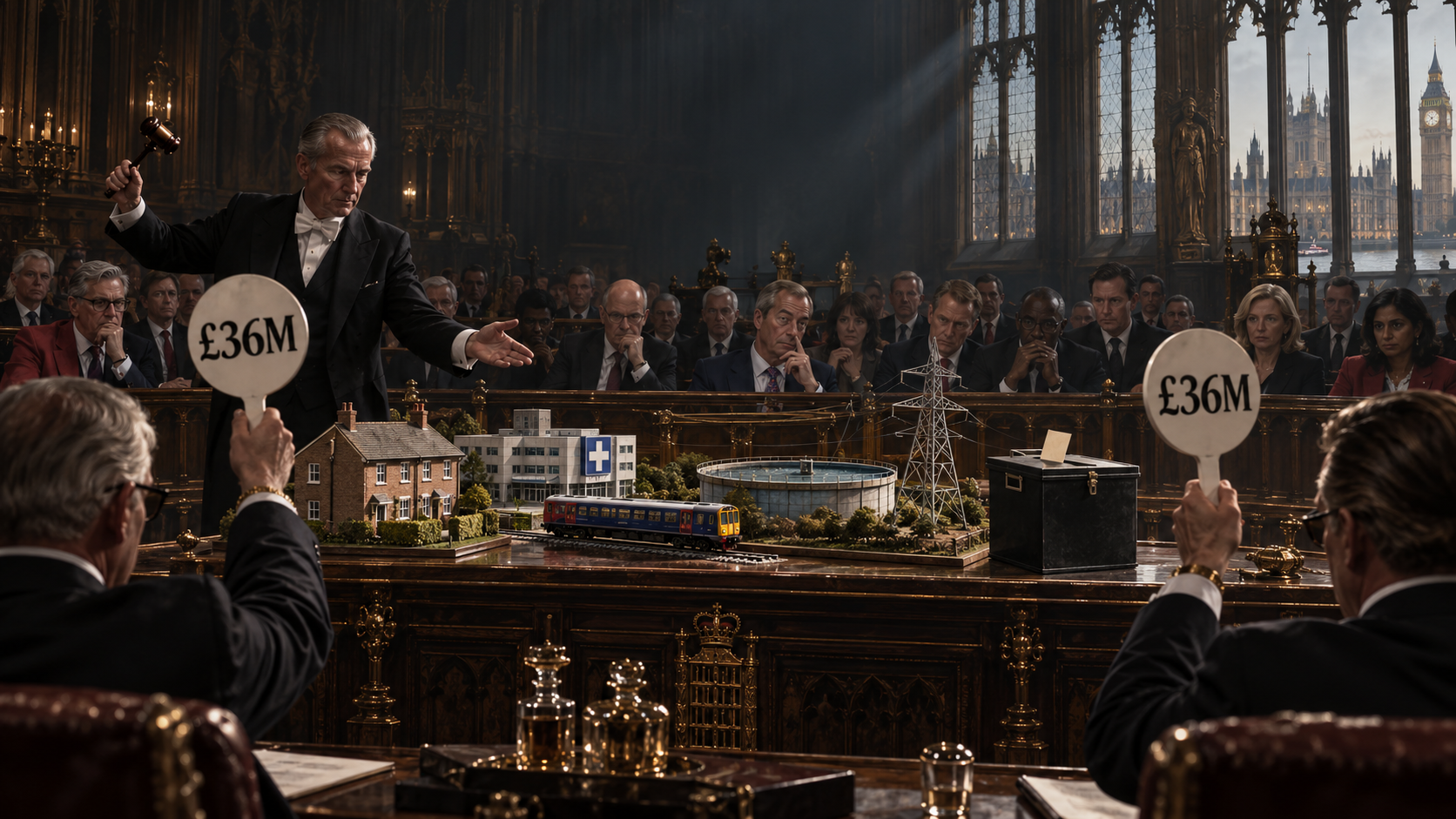British public assets displayed at a parliamentary auction while two wealthy bidders raise £36 million paddles.