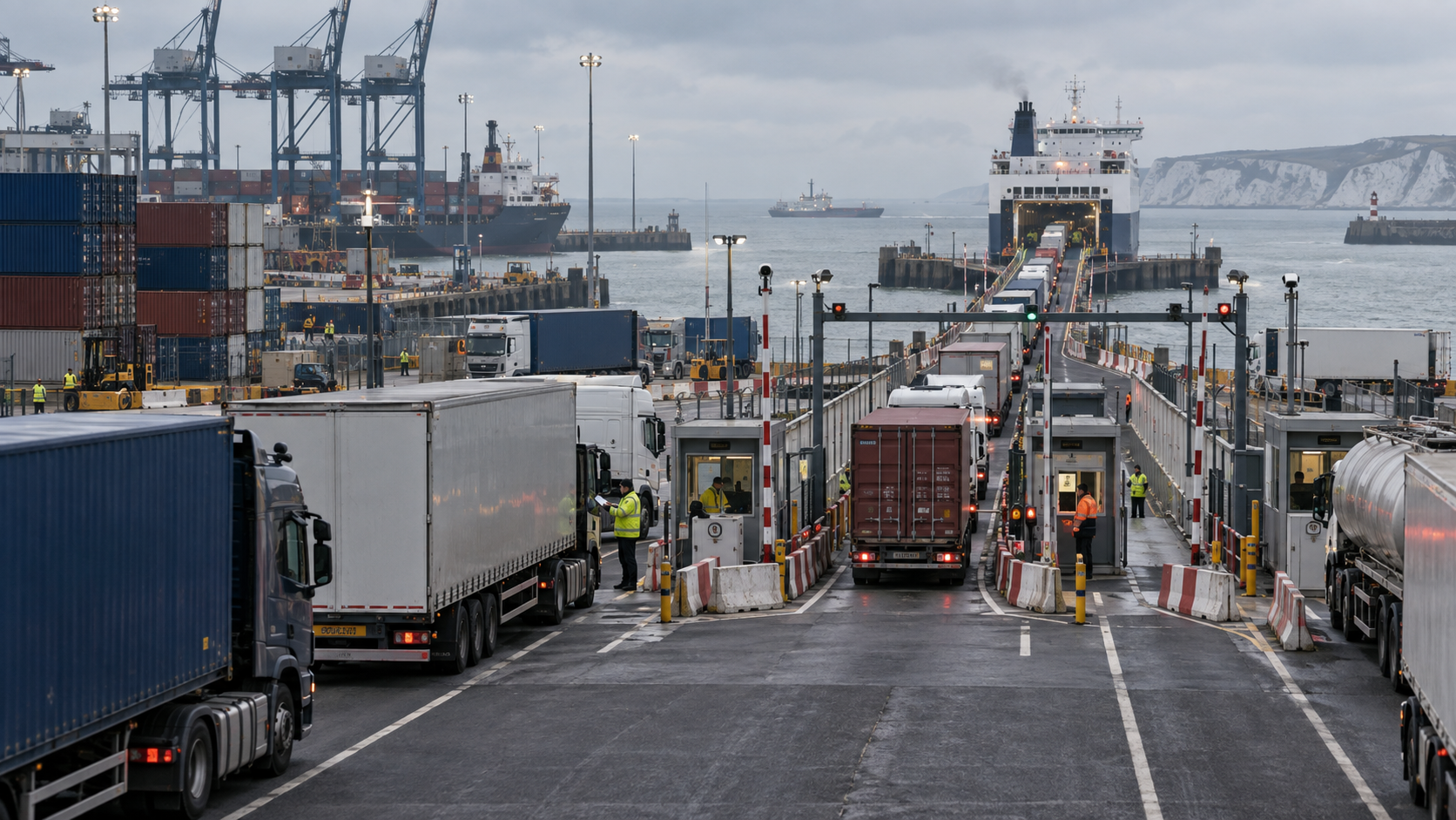 Freight traffic passing through customs bottlenecks at a British port