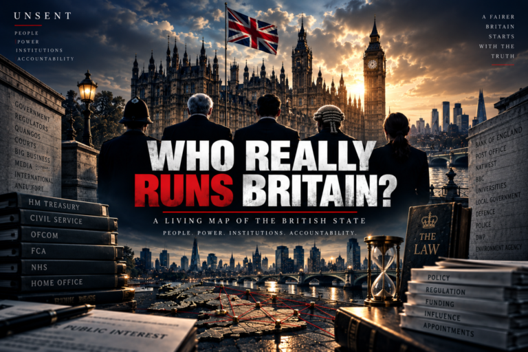 Editorial artwork showing Westminster and figures representing government, law and public institutions beneath the title Who Really Runs Britain?