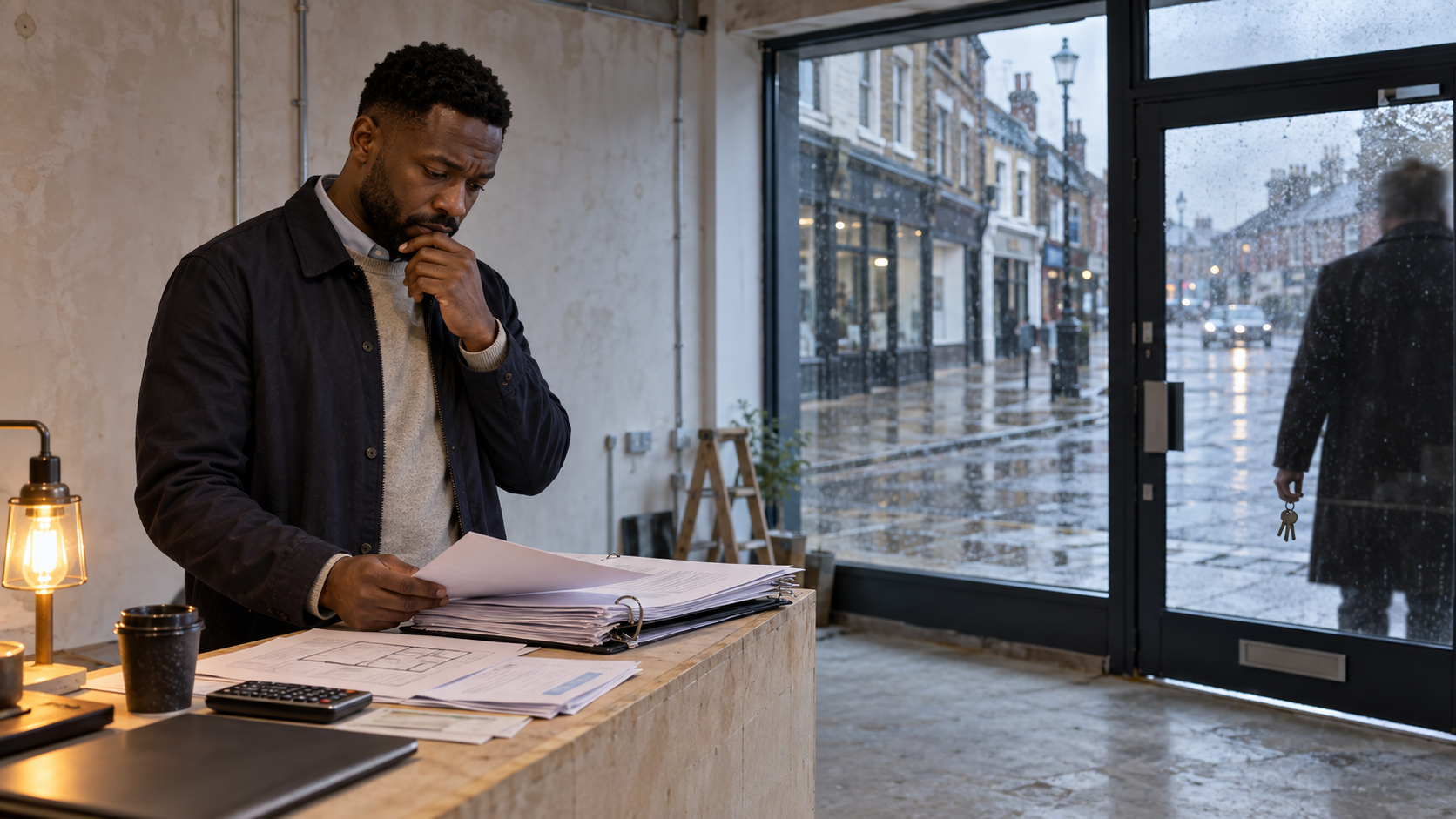 Black prospective business owner reviewing a commercial lease inside an empty shop while another person holds the property keys outside