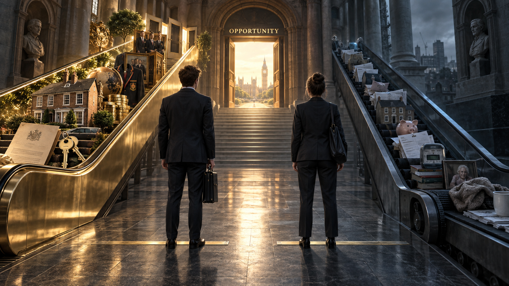 Two equally qualified workers face the same opportunity while inherited property and connections elevate one and rent, debt and care costs pull the other backwards.