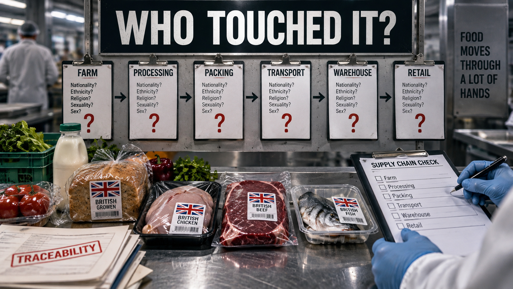 Satirical food traceability system asking about the identities of workers throughout a supply chain