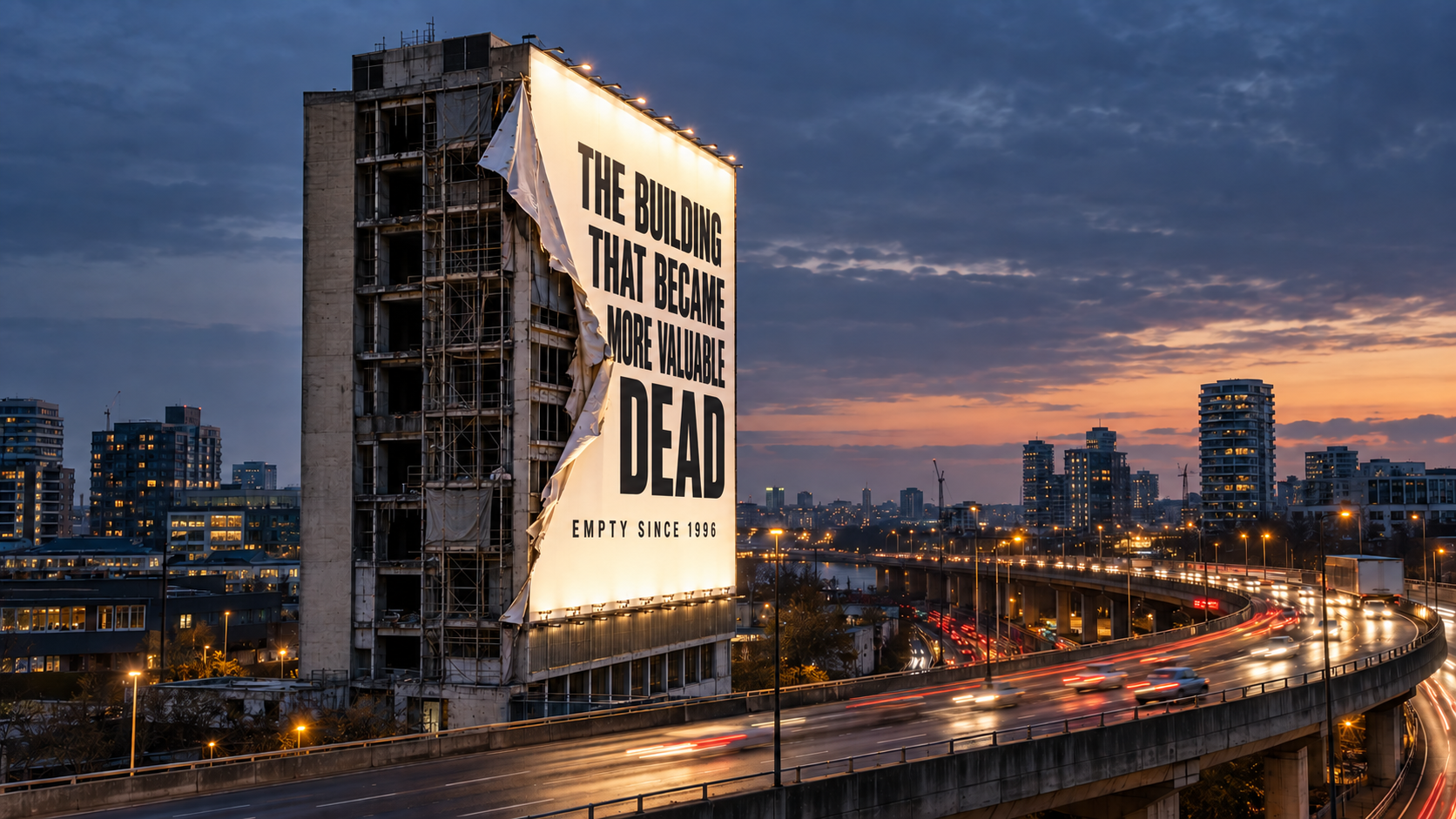 A decaying office tower beside the M4 partly concealed by an illuminated billboard reading The Building That Became More Valuable Dead