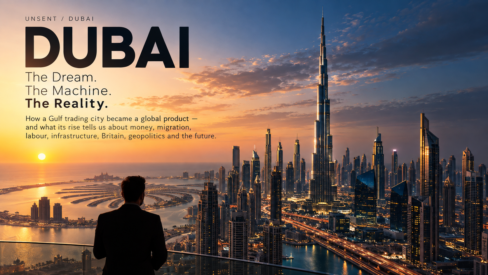 Dubai skyline at sunset with the Burj Khalifa and the title The Dream, The Machine, The Reality