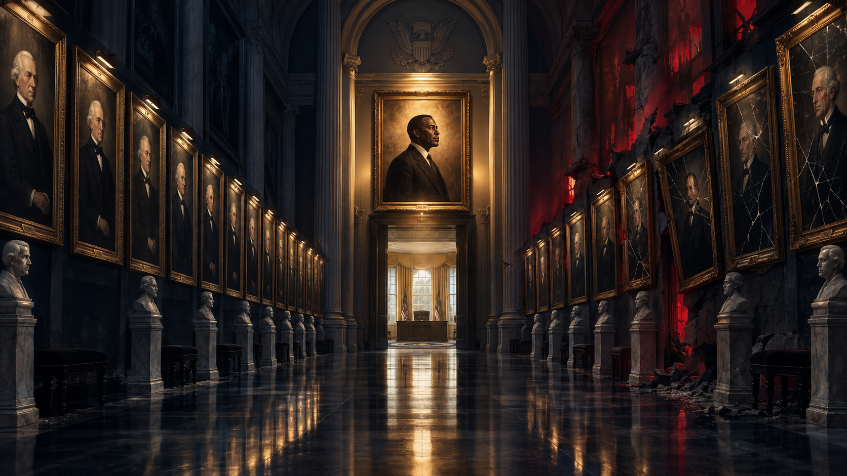 A dark presidential portrait gallery with Barack Obama illuminated at its centre while the surrounding institution begins to fracture