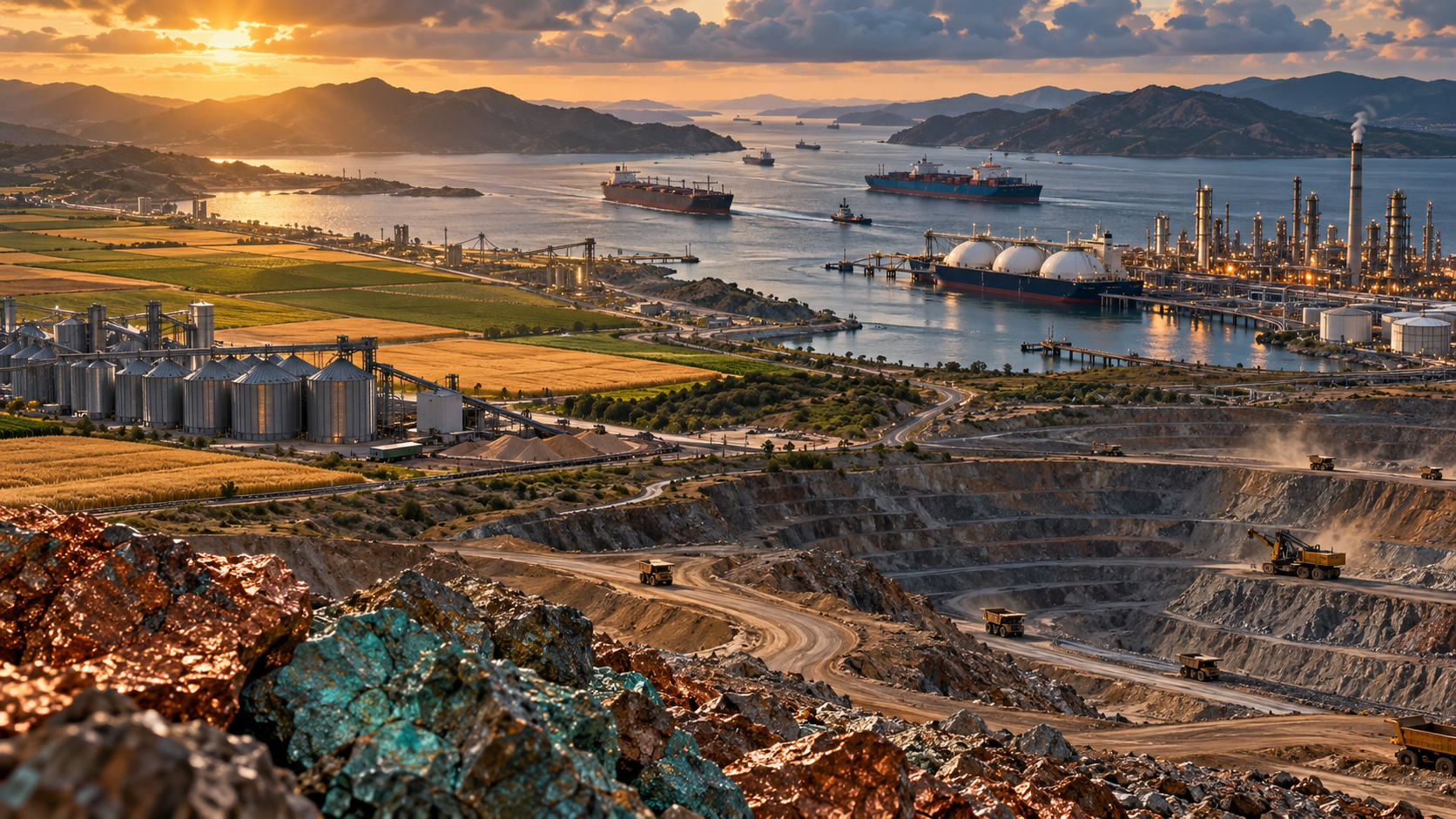 Critical minerals, grain production, oil and gas infrastructure beside a strategic shipping channel