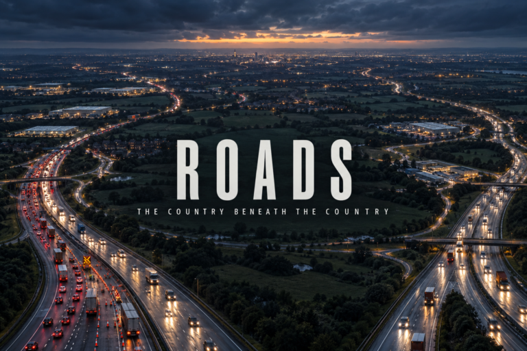 Britain’s road network illuminated at dusk beneath the title Roads: The Country Beneath the Country.