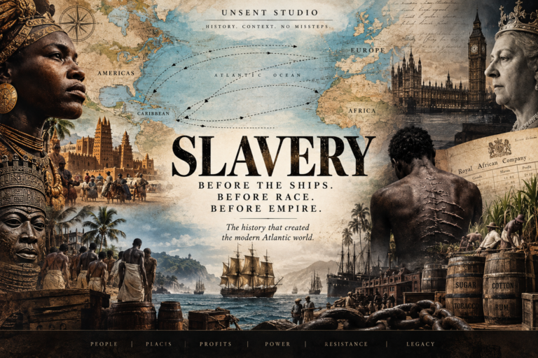 Historical collage representing Britain, Africa, the Caribbean and the Americas across the history of Atlantic slavery and empire