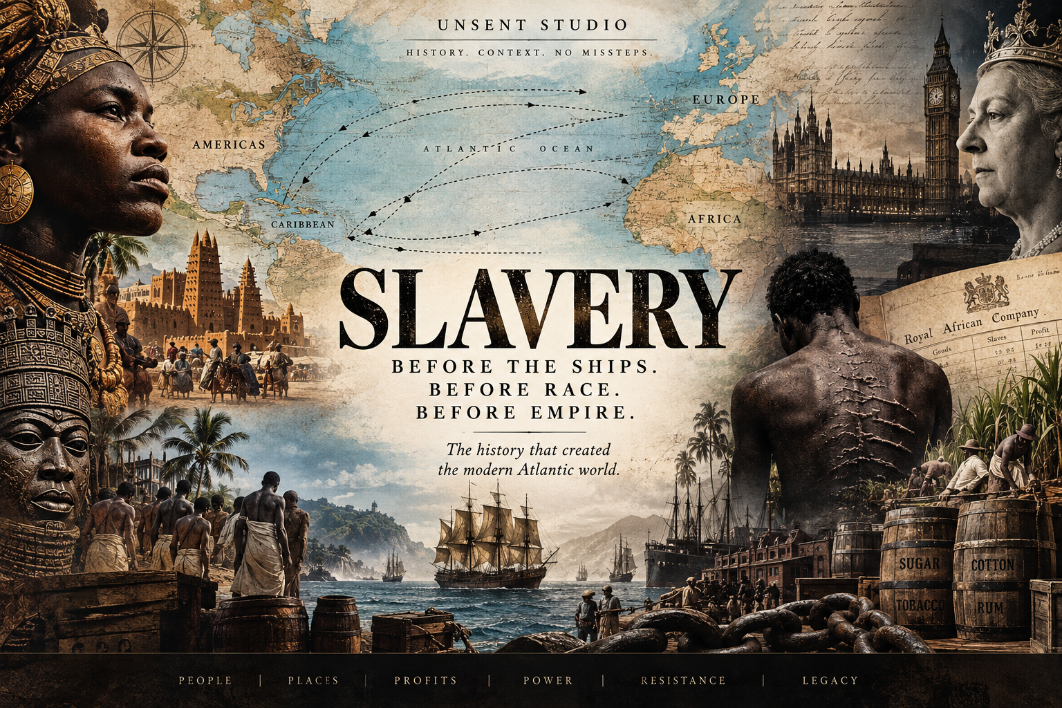 Historical collage representing Britain, Africa, the Caribbean and the Americas across the history of Atlantic slavery and empire