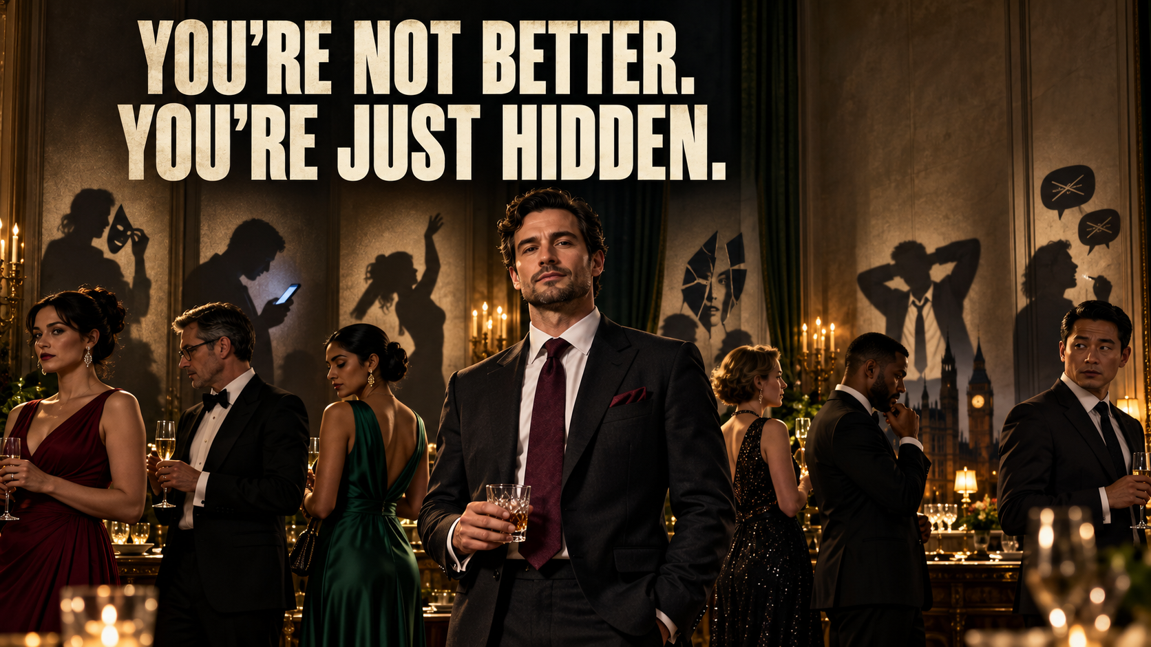 Formally dressed people conceal private identities in their shadows while one confident man stands openly before them.
