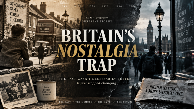 Britain’s Nostalgia Trap series artwork contrasting nostalgic post-war Britain with contemporary Britain.