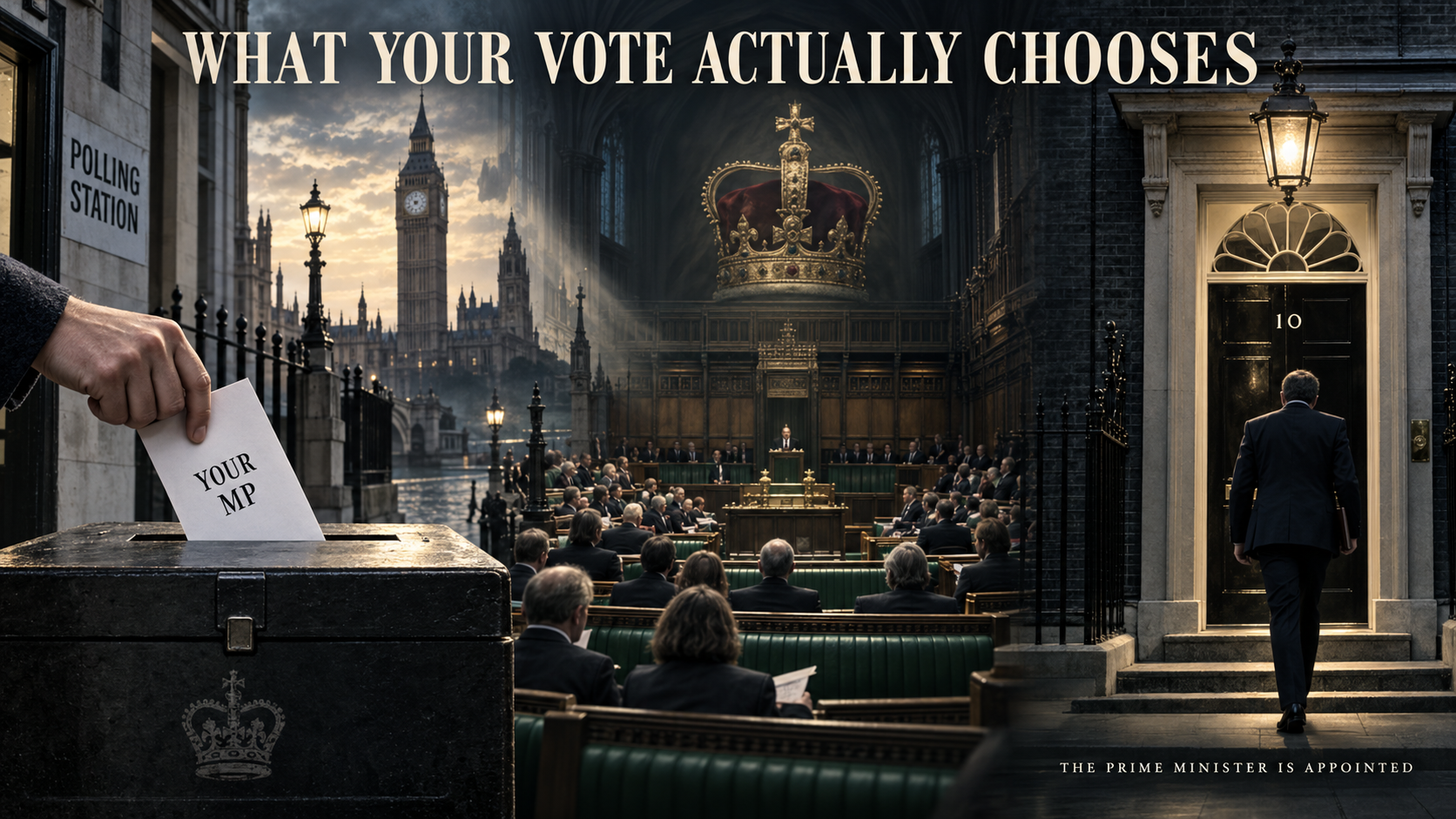 The constitutional route showing voters electing MPs, Commons confidence, appointment by the Crown and entry into Number 10