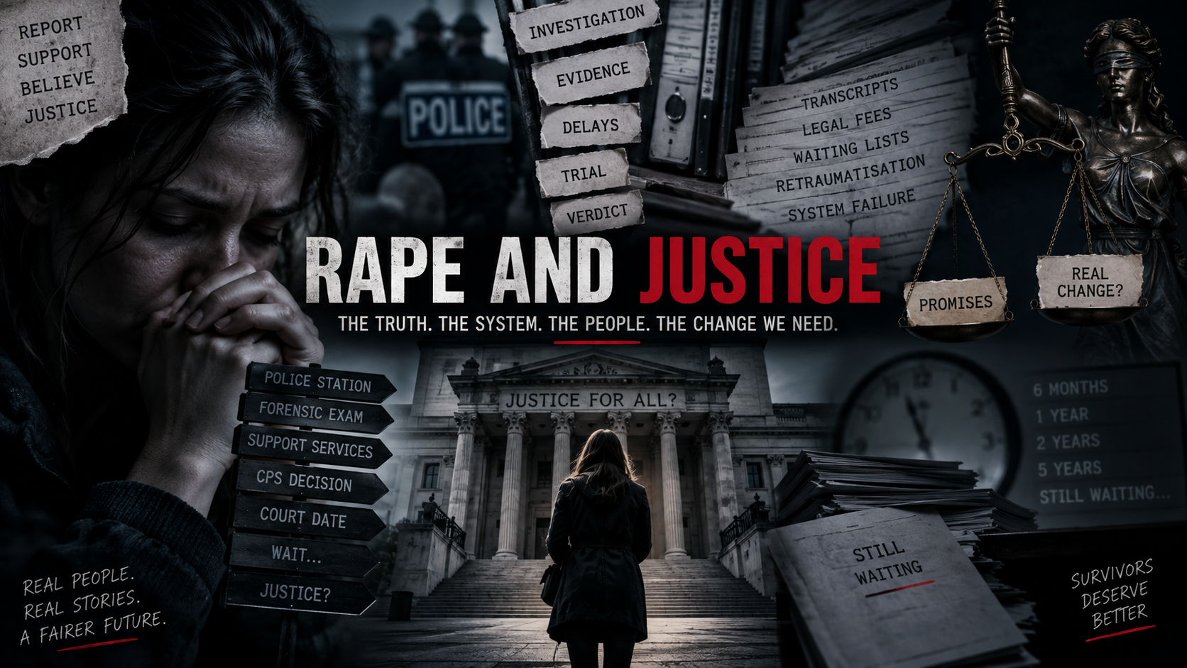 Editorial artwork illustrating the journey through the rape justice system, from reporting and police investigation to courts, delays and justice.