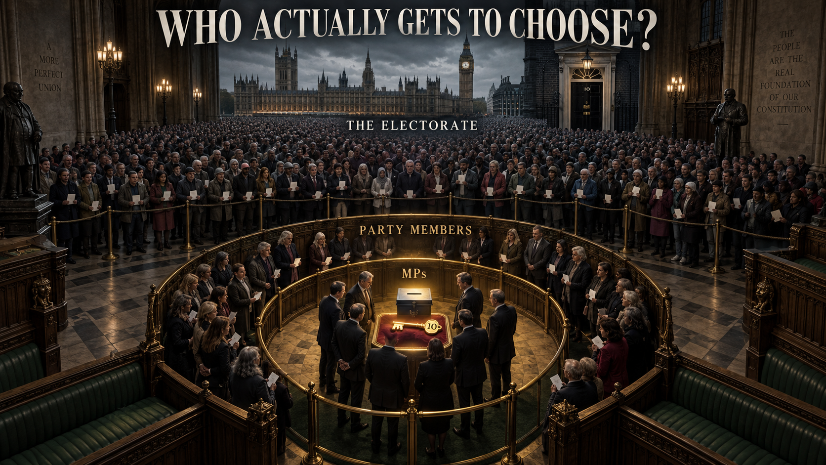 The national electorate standing outside while party members and MPs control access to the key to Number 10