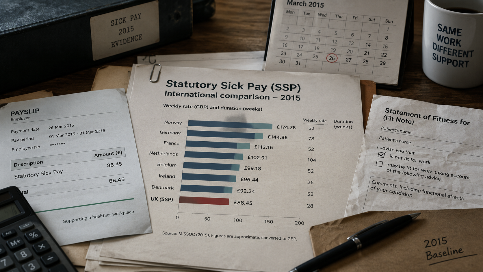 2015 statutory sick pay evidence showing the UK's £88.45 weekly rate alongside workplace sickness documents.