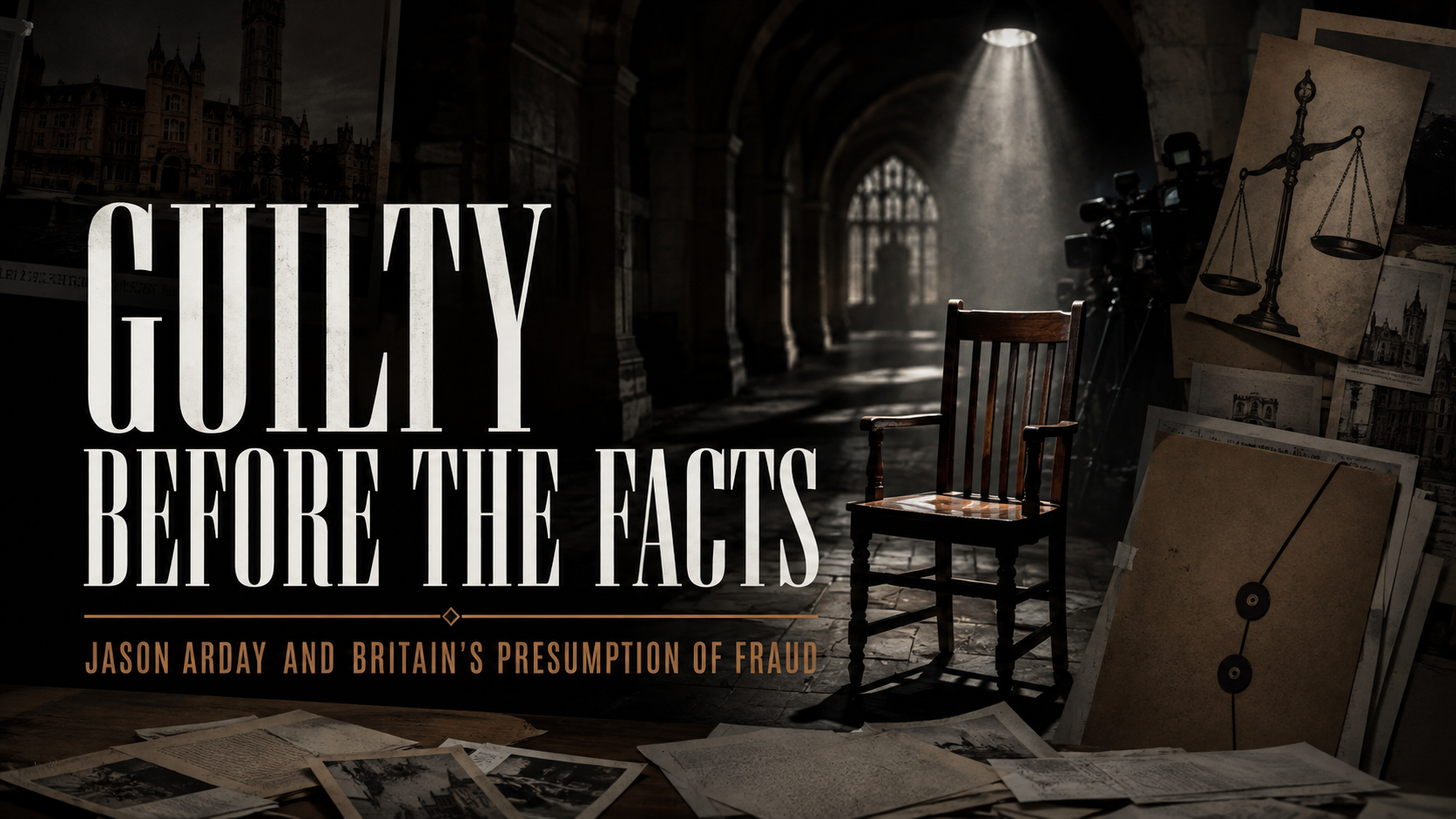 An empty chair beneath a spotlight in a dark institutional corridor, surrounded by case files, with the words Guilty Before the Facts.