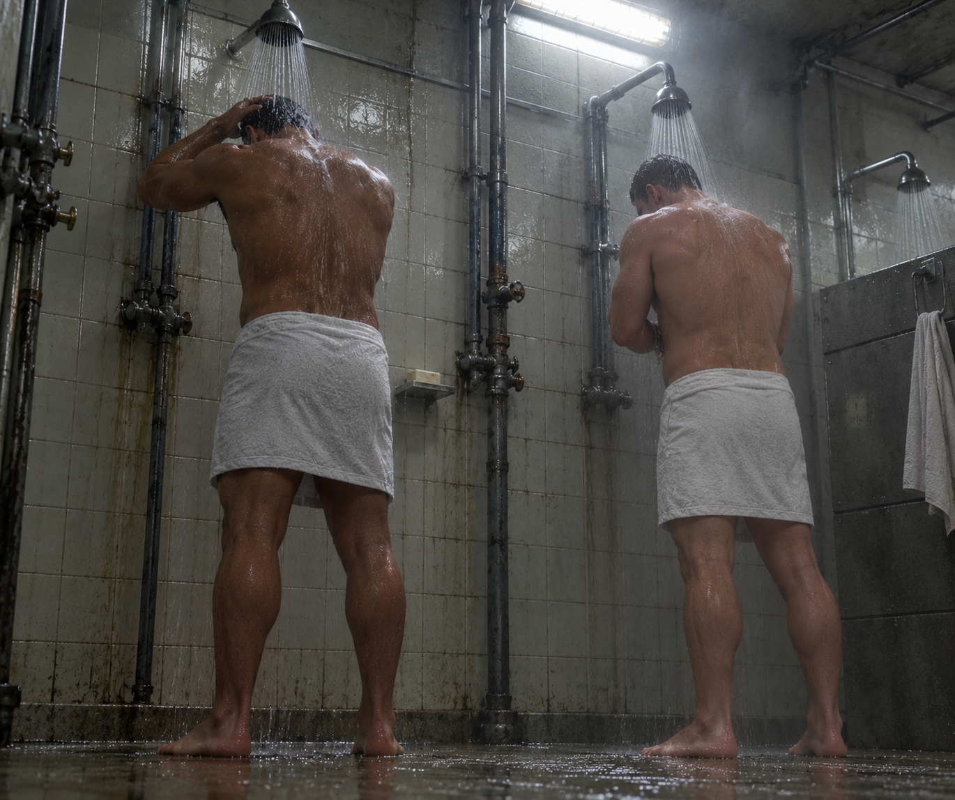 Two men standing beneath separate showers in a worn institutional communal shower room.