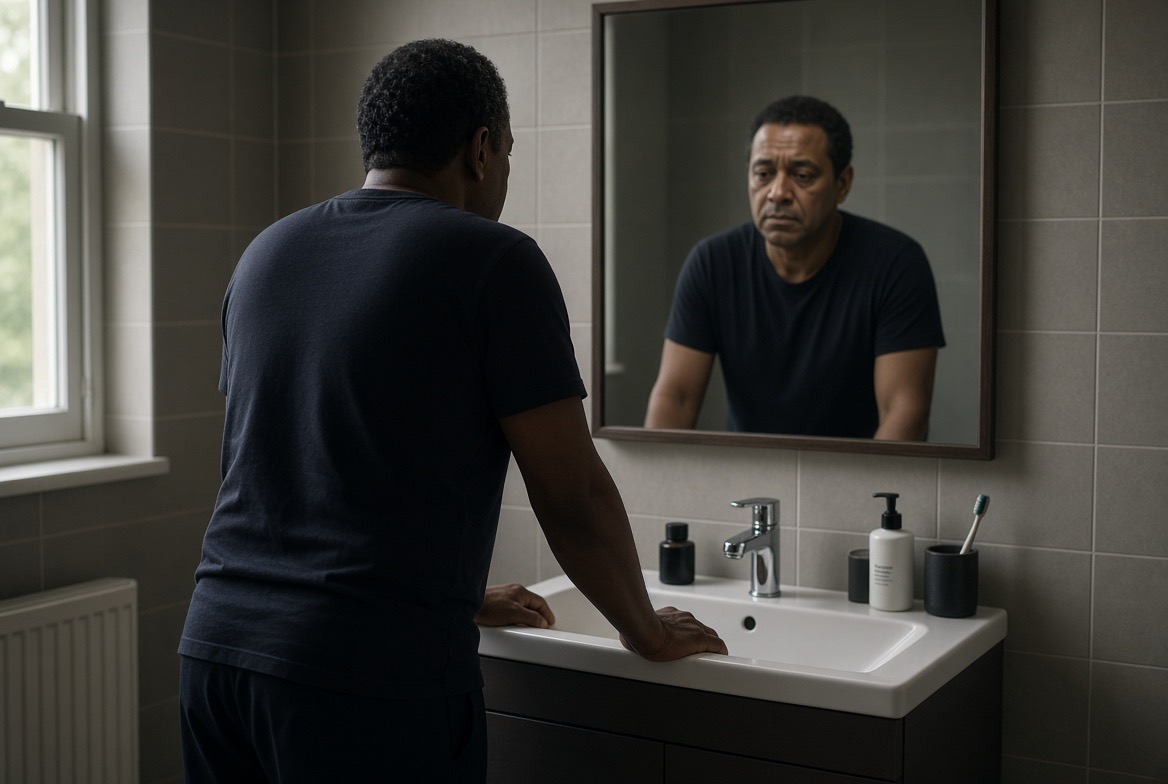 A middle-aged Black man alone in an ordinary bathroom looking thoughtfully at himself in the mirror.