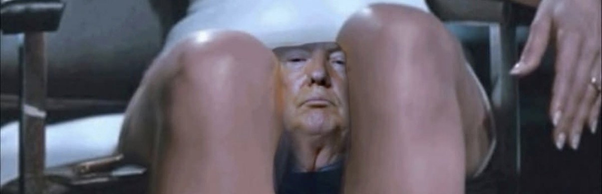 Satirical composite showing Donald Trump framed between a woman’s legs