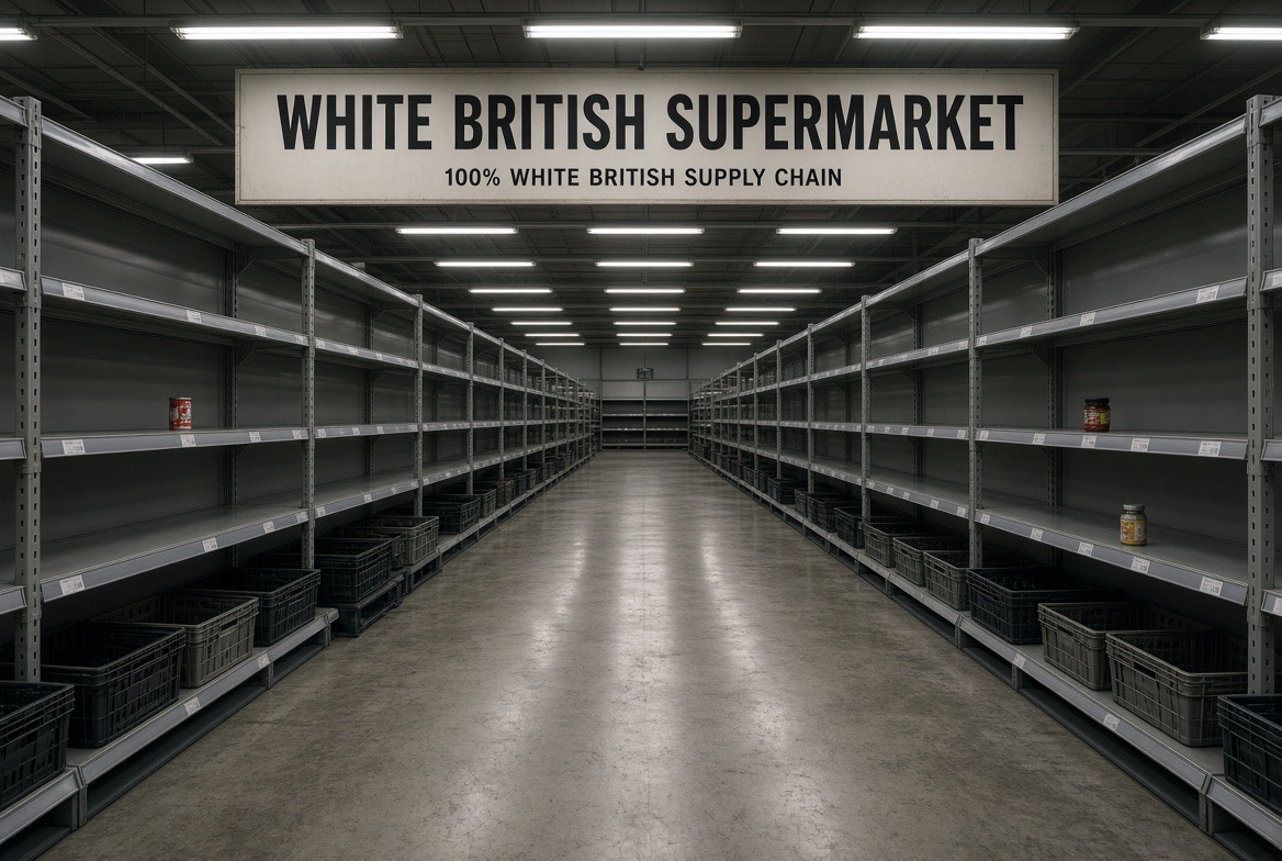 Almost-empty fictional British supermarket illustrating the impossibility of an ethnically exclusive food supply chain.