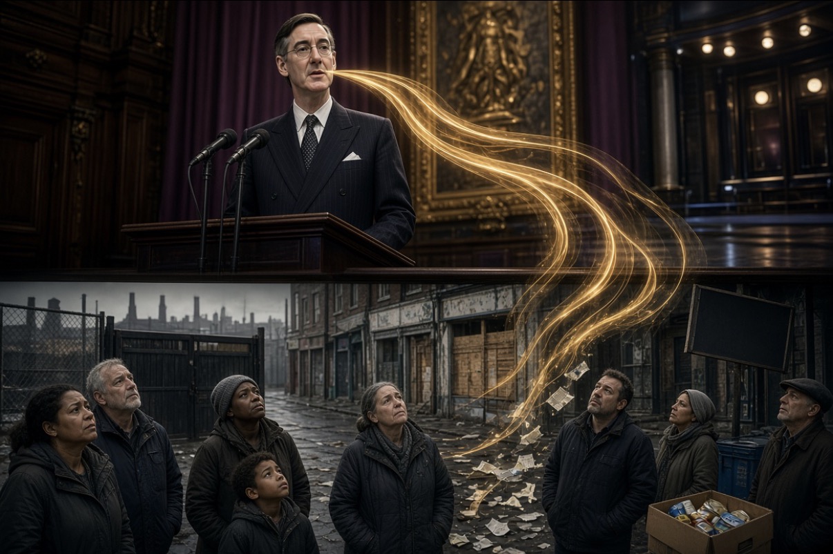 A polished upper-class speaker above a declining high street where ordinary people face the consequences