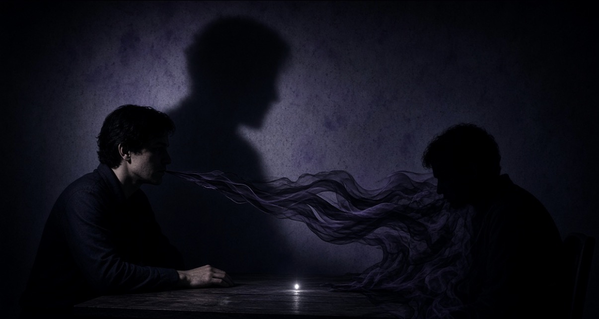 A confident speaker casting an oversized shadow across a hesitant listener