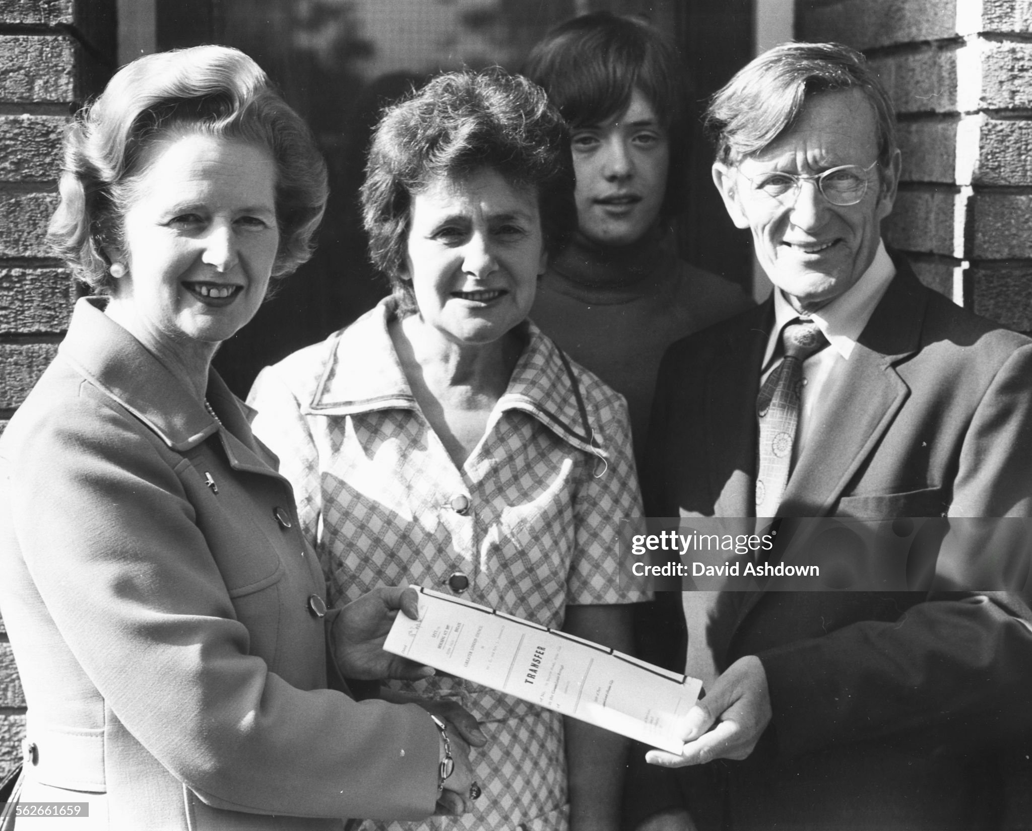 Margaret Thatcher presenting George and Maureen Greensmith with the deeds to their council house on the Ryde Estate in Balham in 1978