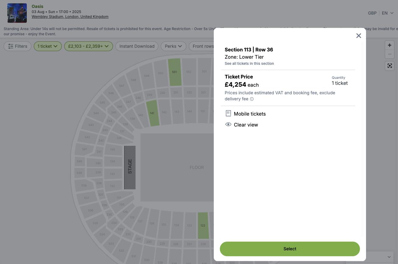 Ticketing screen showing an increased in-demand price for an Oasis concert