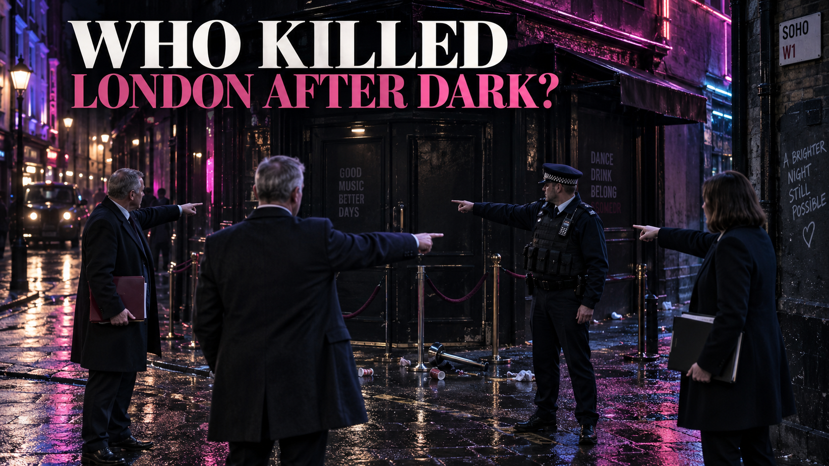 Officials and a Metropolitan Police officer pointing blame at one another outside a closed Soho nightclub at night.