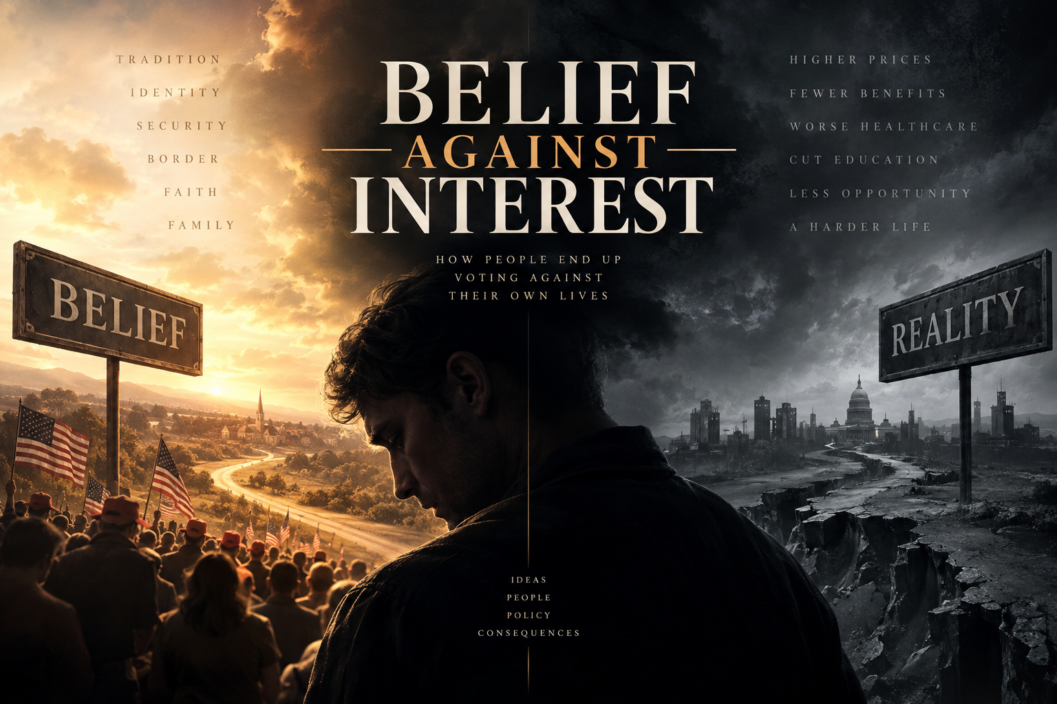 Belief Against Interest illustration contrasting political belief with material consequences.