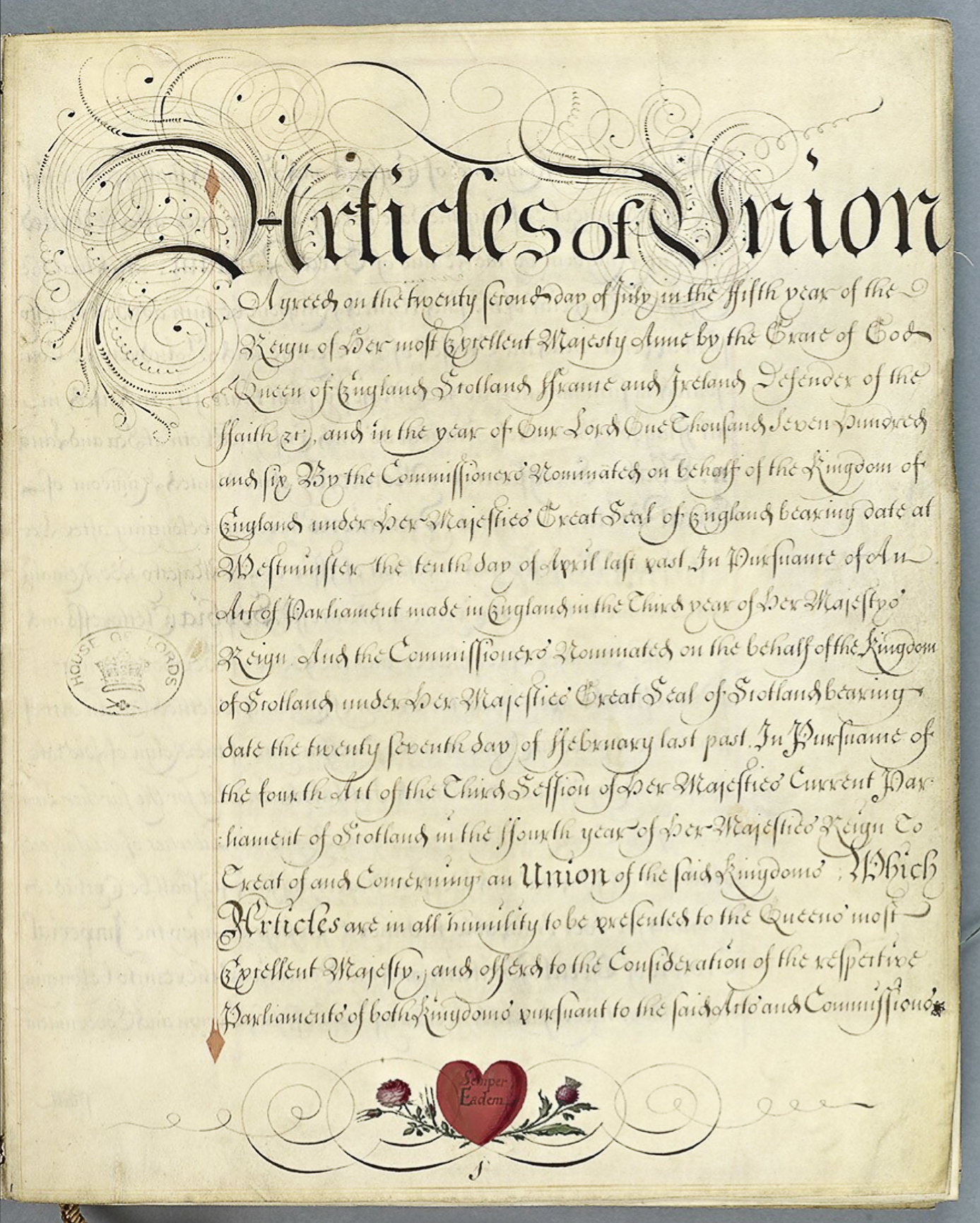The signed and sealed Articles of Union between England and Scotland, dated 28 January 1707