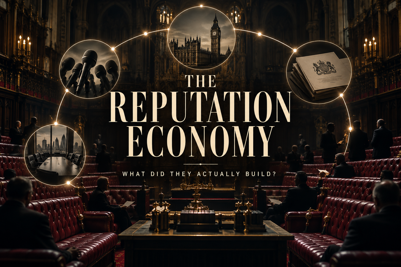 The House of Lords connected to Westminster, media, government documents and corporate influence beneath the title The Reputation Economy.