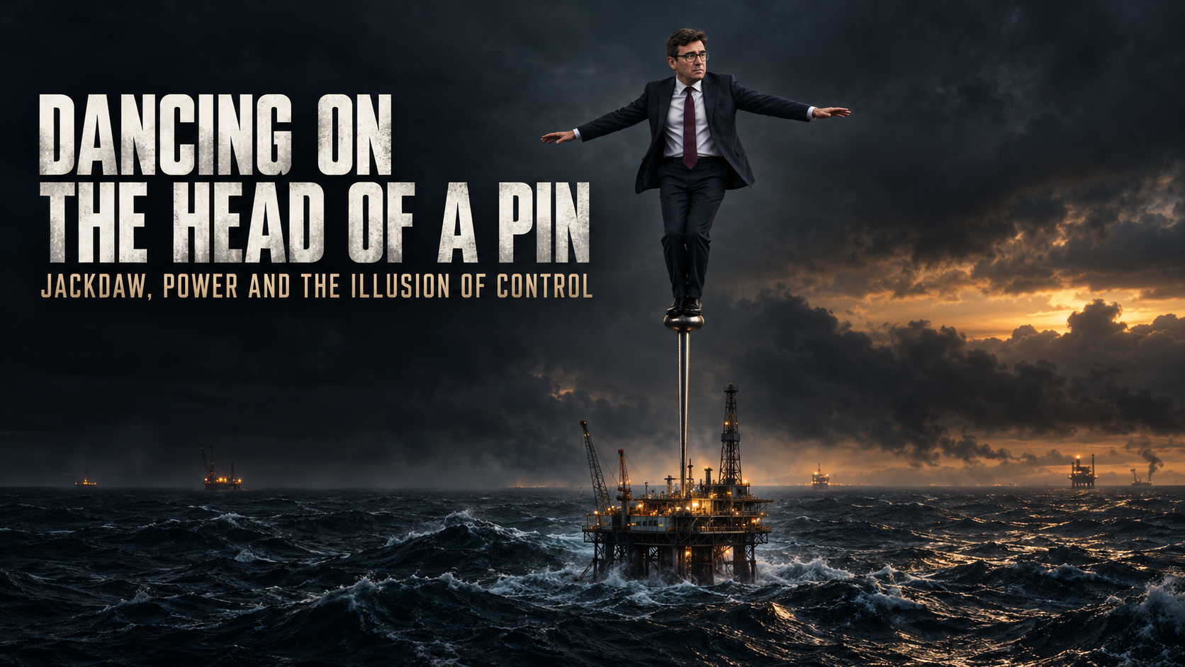 Andy Burnham balancing on the head of a pin above a North Sea gas platform, representing the political claims surrounding the Jackdaw gas field.