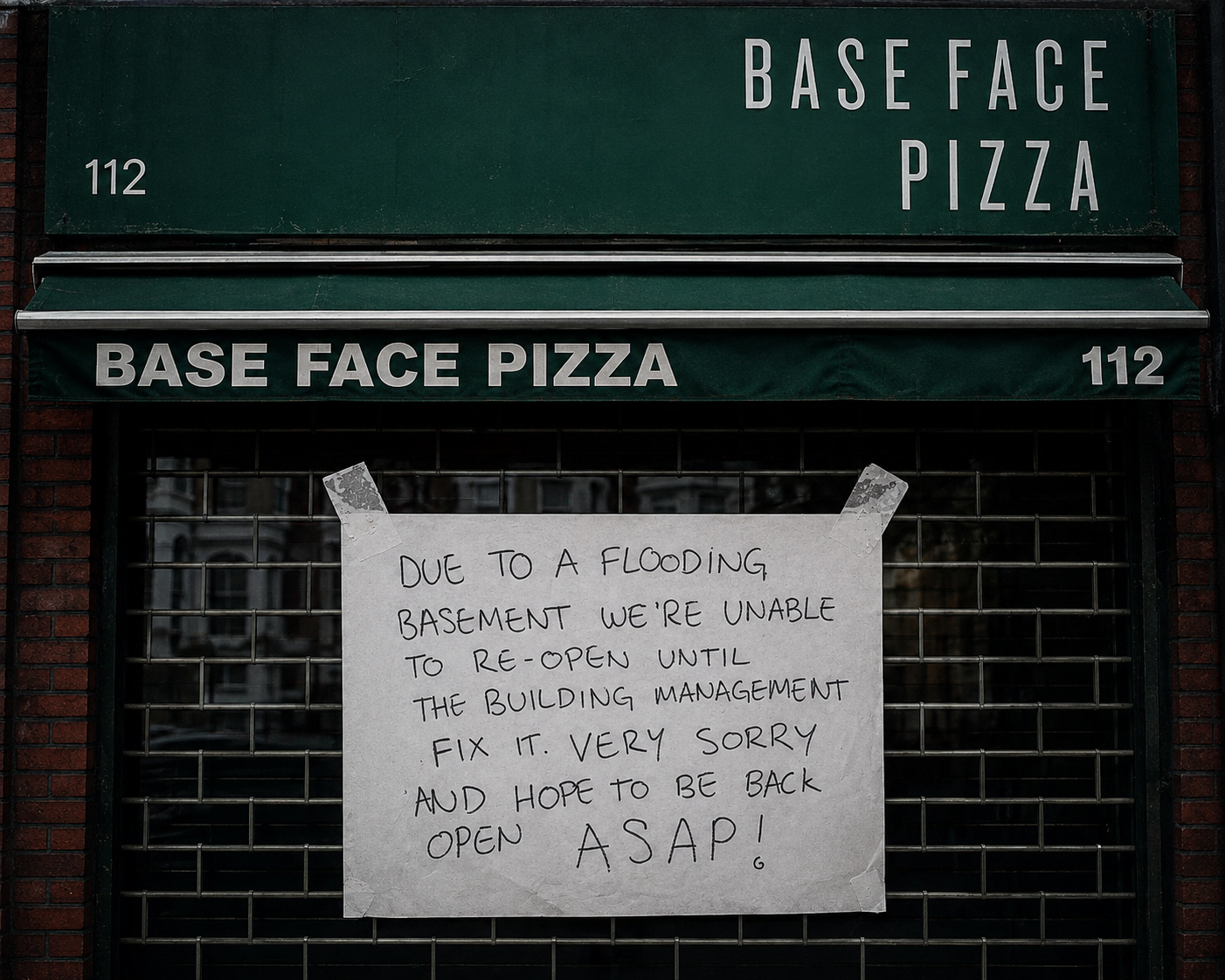 Closed Base Face Pizza restaurant at 112 Kew Road in Richmond with a handwritten basement flood notice