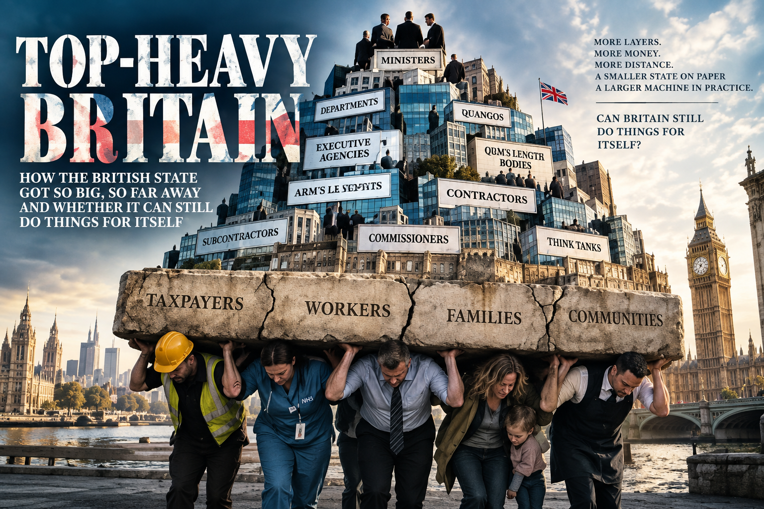 Top-Heavy Britain illustration showing layers of quangos, regulators, agencies and public bodies towering above workers and taxpayers in Westminster.