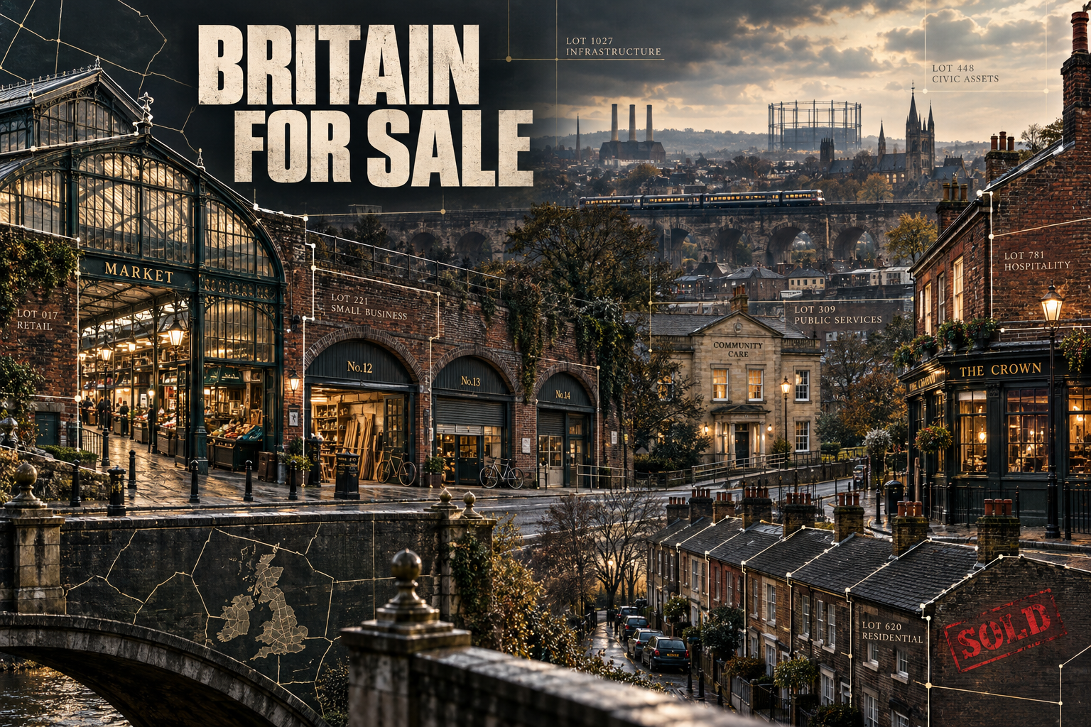 British markets, railway arches, housing, public services and businesses divided into investment lots beneath the title Britain for Sale.