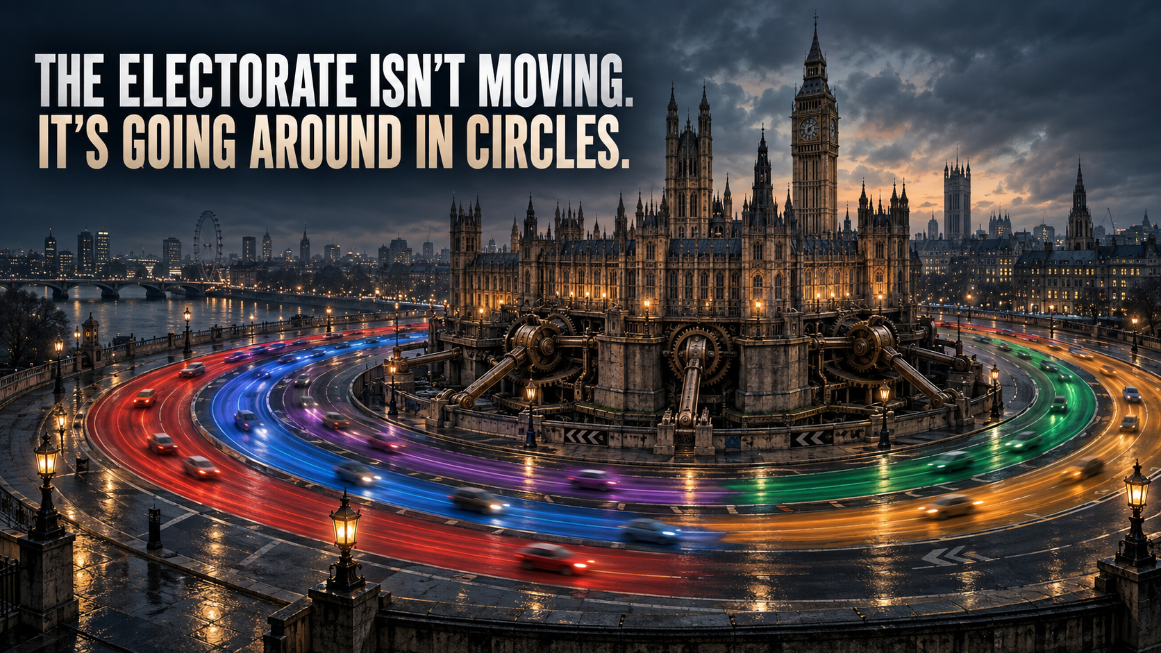 Party-coloured traffic circles a fixed mechanical Palace of Westminster, representing British voters moving between parties without political progress.